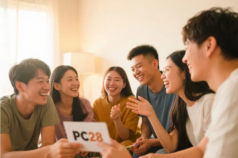 一群朋友聚在一起,神情轻松愉快地交流着PC28相关话题,背景明亮温馨